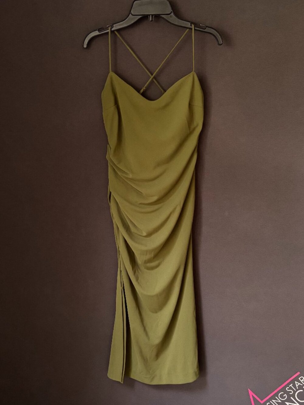 Zara Olive Green Cowl Neck Ruched Slip Midi Dress Crossback Slit Party S